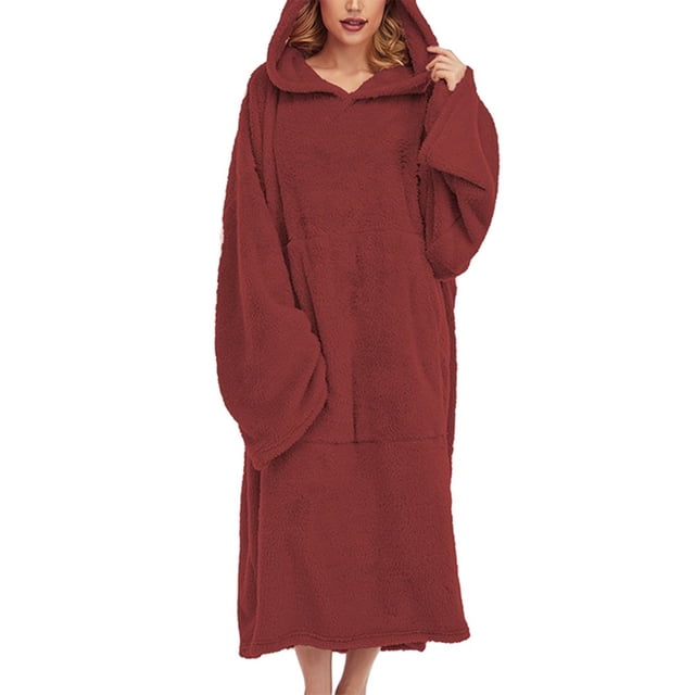 Kmbangi Women Velvet Sleeping Robe, Long Sleeve Hooded Neck Kangaroo Pockets Solid Color Nightwear
