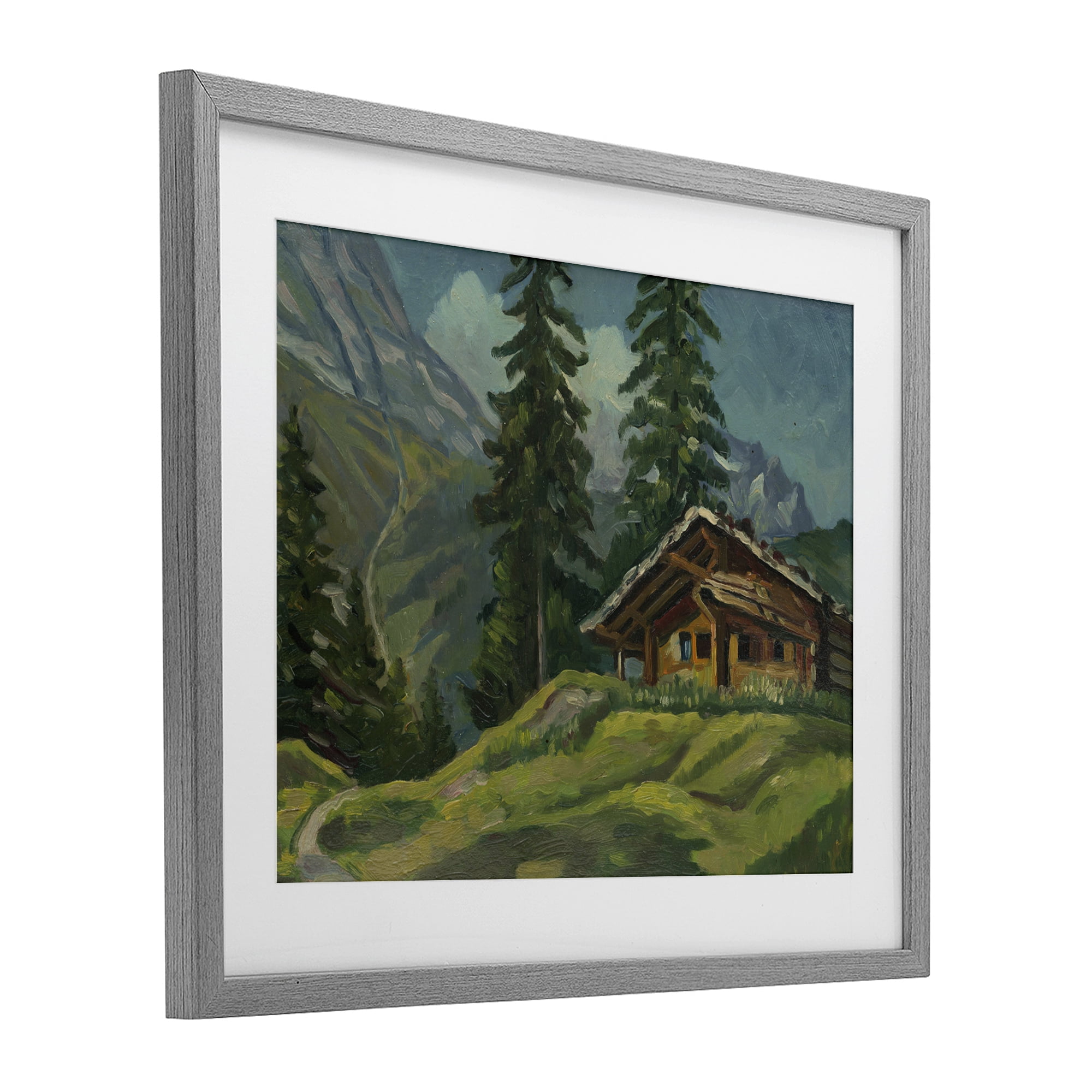 Cabin At Base Of Mountain Gray Framed Print Under Glass, design by Lettered and Lined