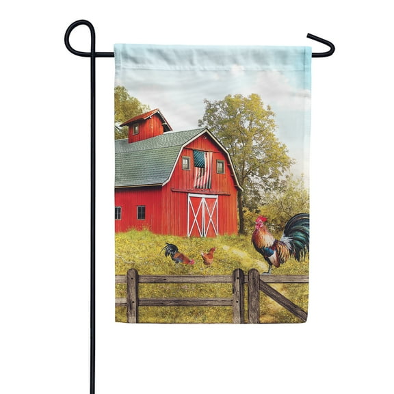 America Forever Summer Patriotic Red Barn Rooster Garden Flag 12.5 x 18 inches Fancy Farm Rooster Chicken Farm Bird Double Sided Seasonal Poultry Country Yard Outdoor Decorative Rustic Garden Flag