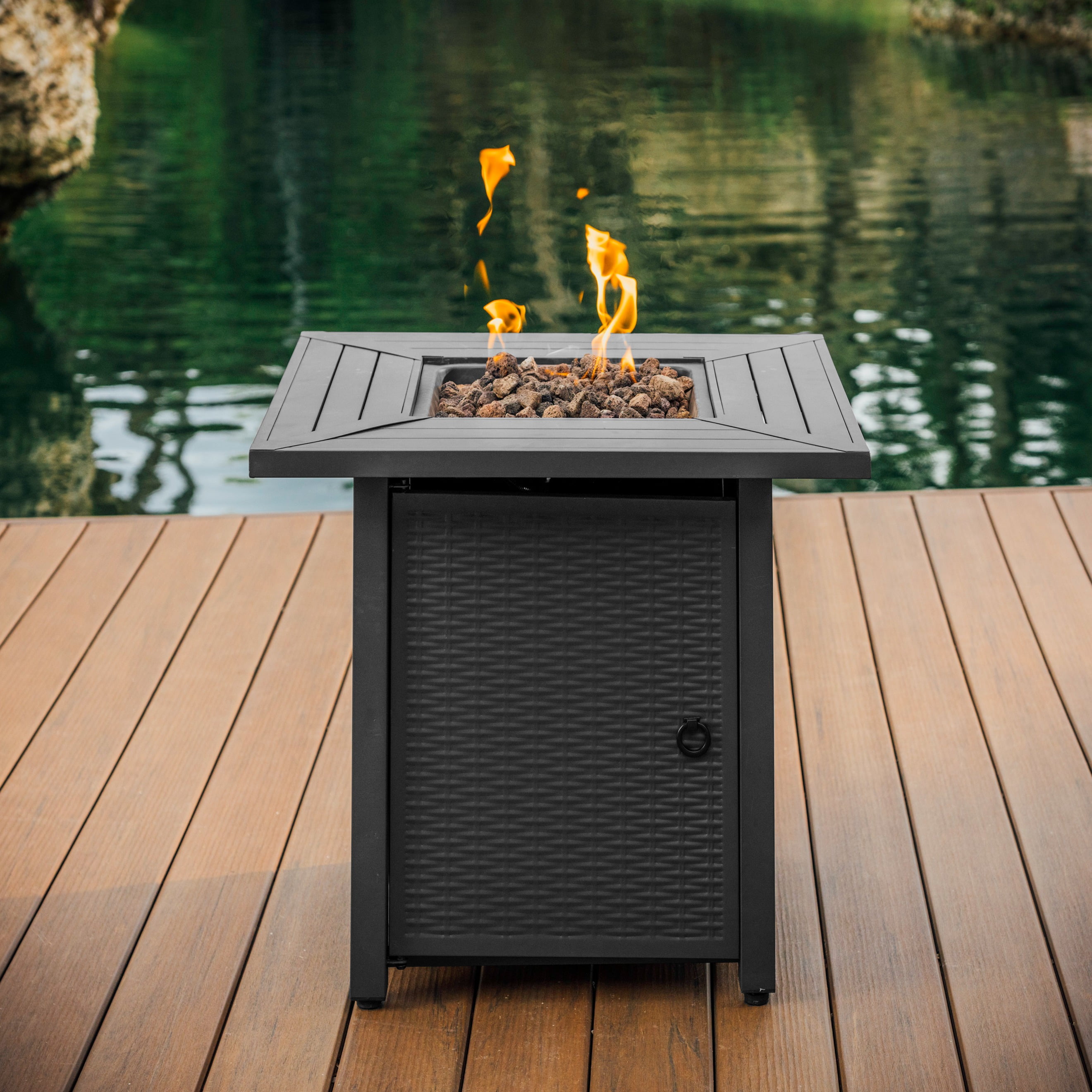 Phoneix 28” Propane Fire Pit Table for Outside with Lava Rocks, Weatherproof Protective Cover and Electronic Ignition, Gray