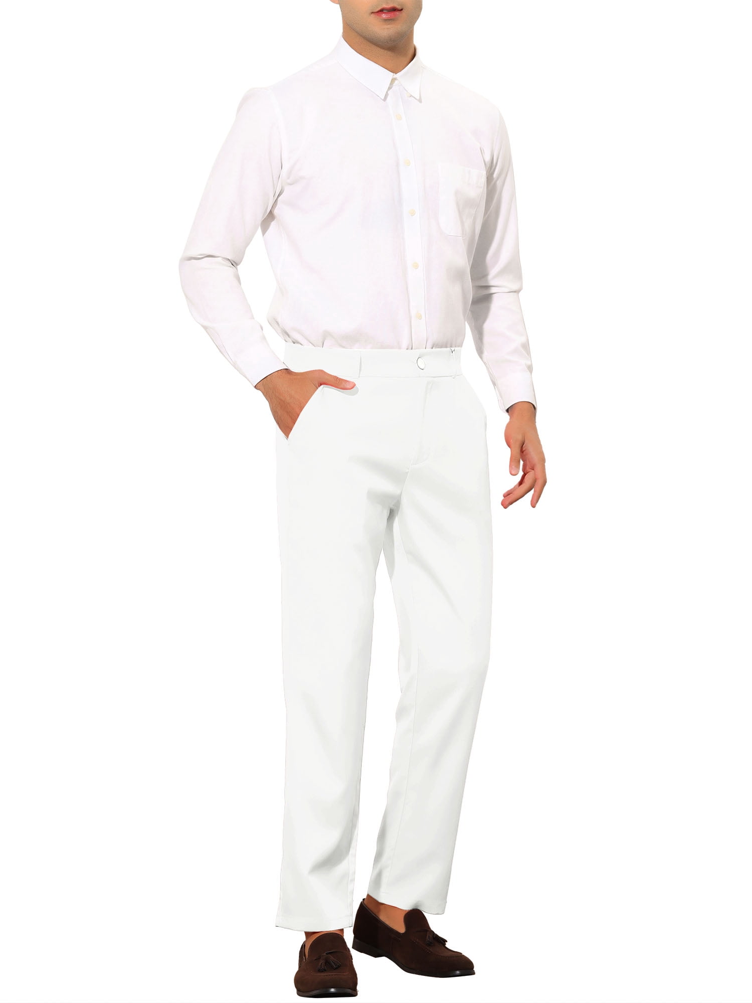 Unique Bargains Men's Slim Fit Trousers Flat Front Solid Color Business Pants 30 White