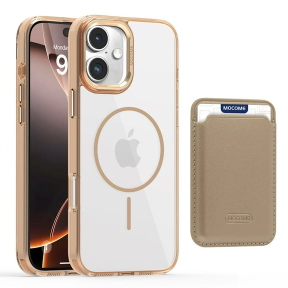 2 in 1 Wallet Case for iPhone 16, Compatible with Magsafe Clear Shockproof Magnetic Phone Case with Card Holder TPU Bumper Anti-Yellowing Hard Back Protective Cover for iPhone 16,Desertgold