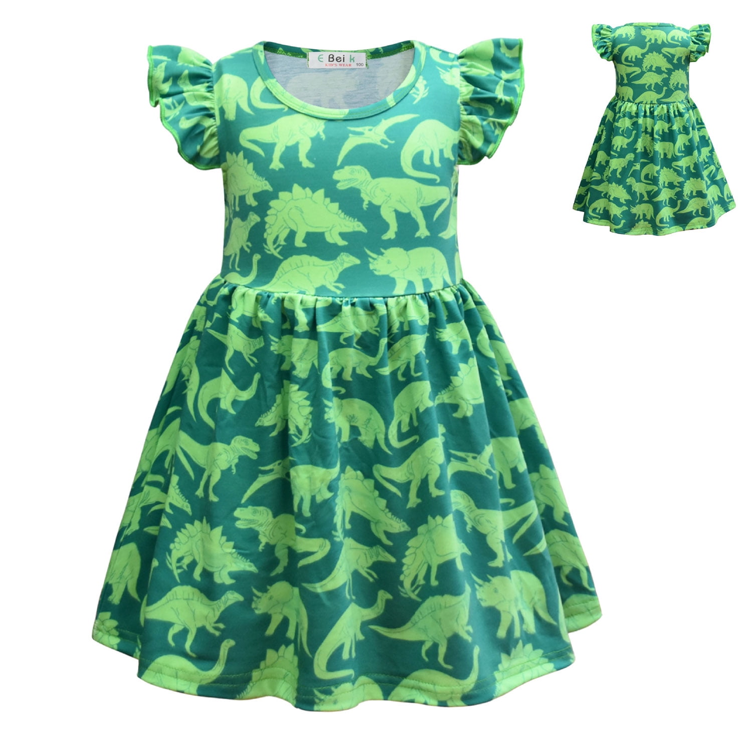 KAWELL Girls Dinosaur Print Flying Sleeve Milk Silk Casual Dress Walmart