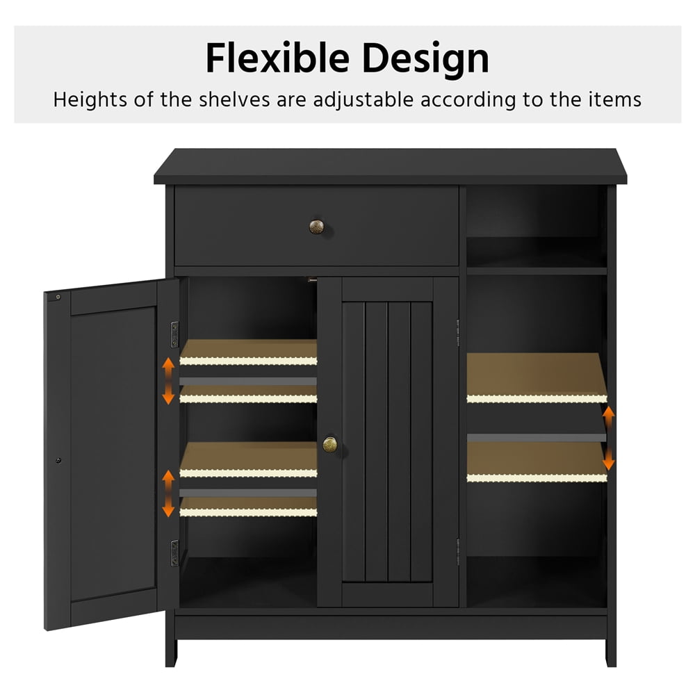 Yaheetech Modern Wooden Bathroom Storage Cabinet with 3 Open Shelves & Drawer, Black