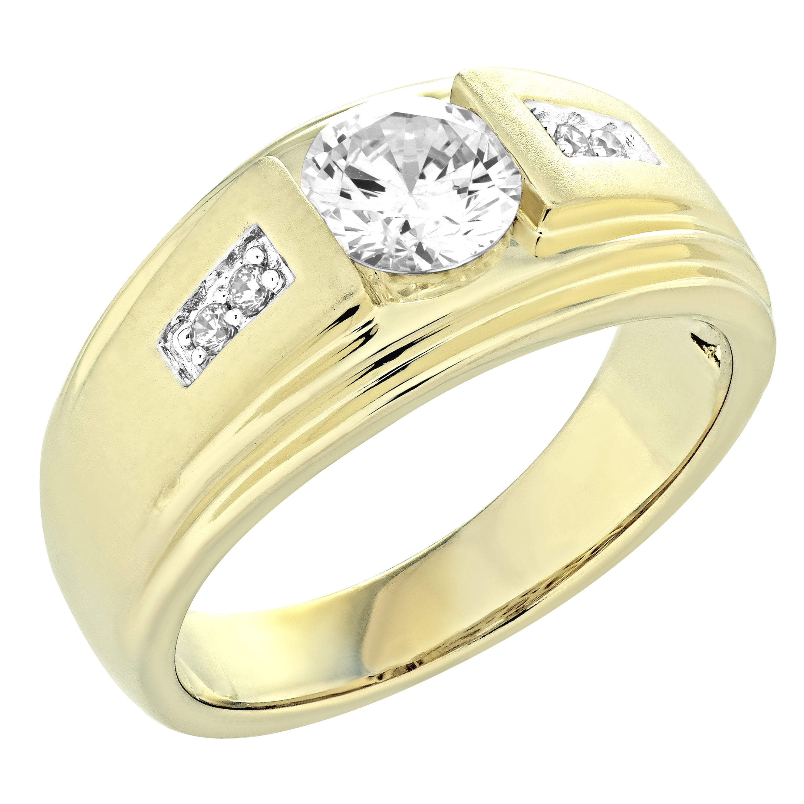 Jay Heart Designs 925 Sterling Silver with 14K Yellow Gold Plating Simulated White Diamond Round Center Men\\\'s Ring