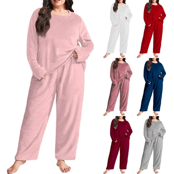 Mifsaly Womens Plus Size Pajama Sets Lounge 2 Piece Fleece Winter Pjs Outfits Oversized Homewear Long Sleeve Crewneck Warm Sleepwear Cozy Soft Loose Nightwear Casual Loose Pants Fashion Loungewear