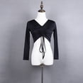 thumbnail image 6 of Long Sleeve Women'S Ruched Drawstring Front V Neck Crop Dance Tee Top For Ladies, 6 of 7
