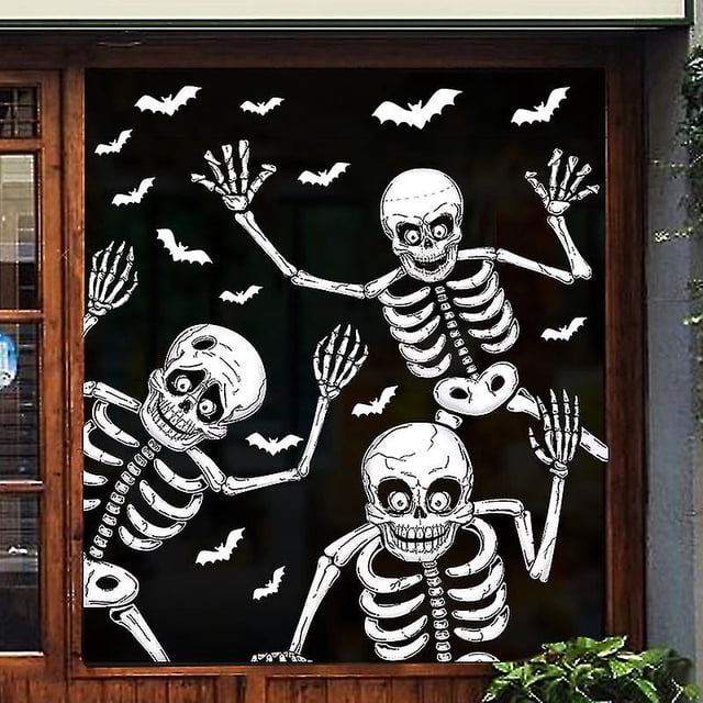 4 hojas de decoración de fiesta de Halloween, calcomanías de ventana de esqueleto y fantasma para Halloween, 11 Feliz Sencillez