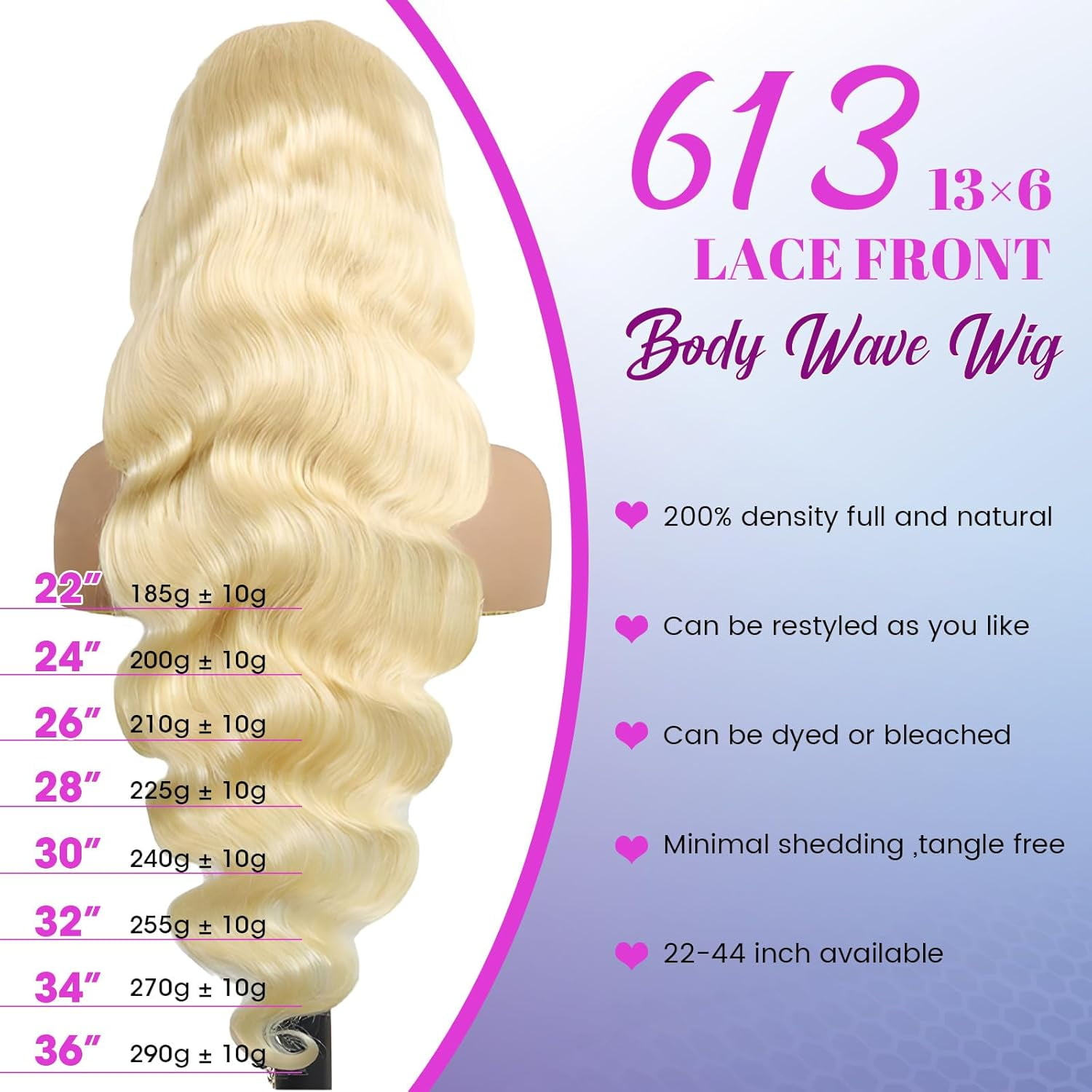 13x6 Lace Front Wig Human Hair, 200 Density, 26 Inch, 613 Blonde Wig Human Hair
