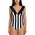 thumbnail image 5 of Maillot de Bain une Pièce à Rayures Noires et Blanches Direction Verticale par une Épaule à Volants pour Femmes, 5 of 5