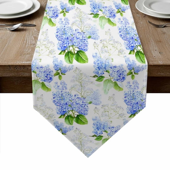 Summer Hydrangeas Table Runner Linen Burlap Table Runner 72 Inches Long White Blue Flowers Pastoral Leaves Dresser Scarves for Kitchen Island Coffee Dining Room Party Holiday Decoration 16"x72"