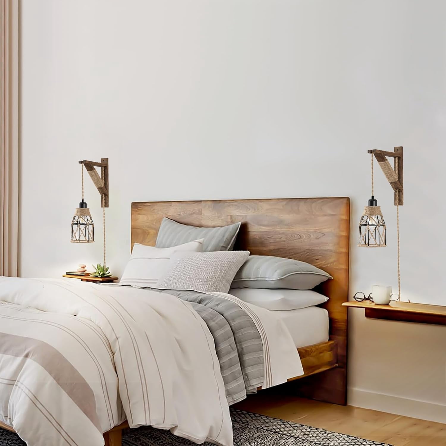 2-Pack  Plug-in Wall Sconces - Farmhouse Metal Cage Lights with Distressed Wood Brackets