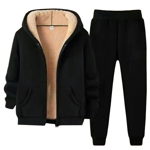 YDFCWXW Women 2-Piece Set Fleece Jacket Casual Full Zip Up Hoodie Warm Sherpa Lined Sweatshirt Coat With Pants Outfit Sets Black, M