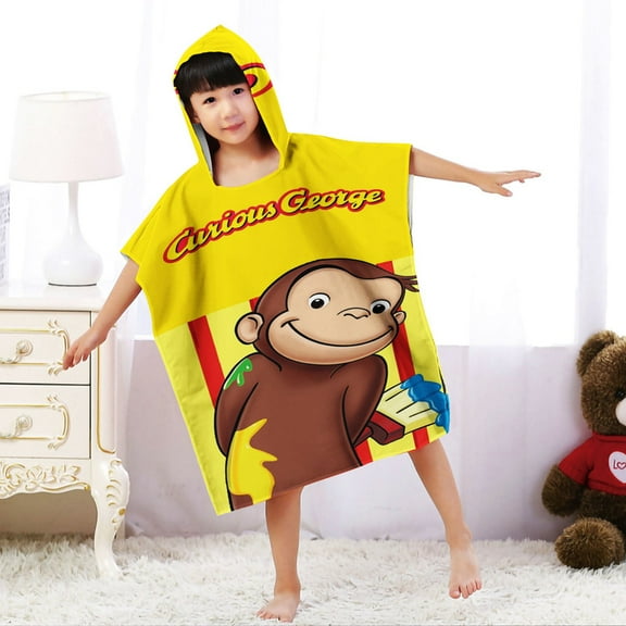 Curious George Hooded Poncho Towels, Soft & Absorbent Microfiber Beach Towel, Swimming Pool Changing Robe Bathrobe Bath Towel
