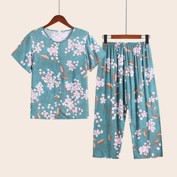 Njoeus Capris Pajamas Set for Women Buttons Down Short Sleeve Shirts with Capris Pants Womens Lounge Sets Comfy Sleepwear 2 Piece PJS Sets XL-4XL（Imitation Cotton Linen）