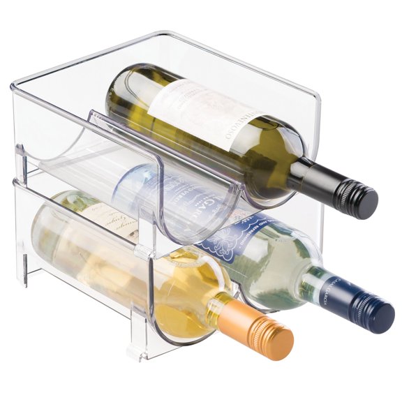 mDesign Stackable Plastic 2 Bottle Refrigerator Wine Rack Holder, 2 Pack, Clear