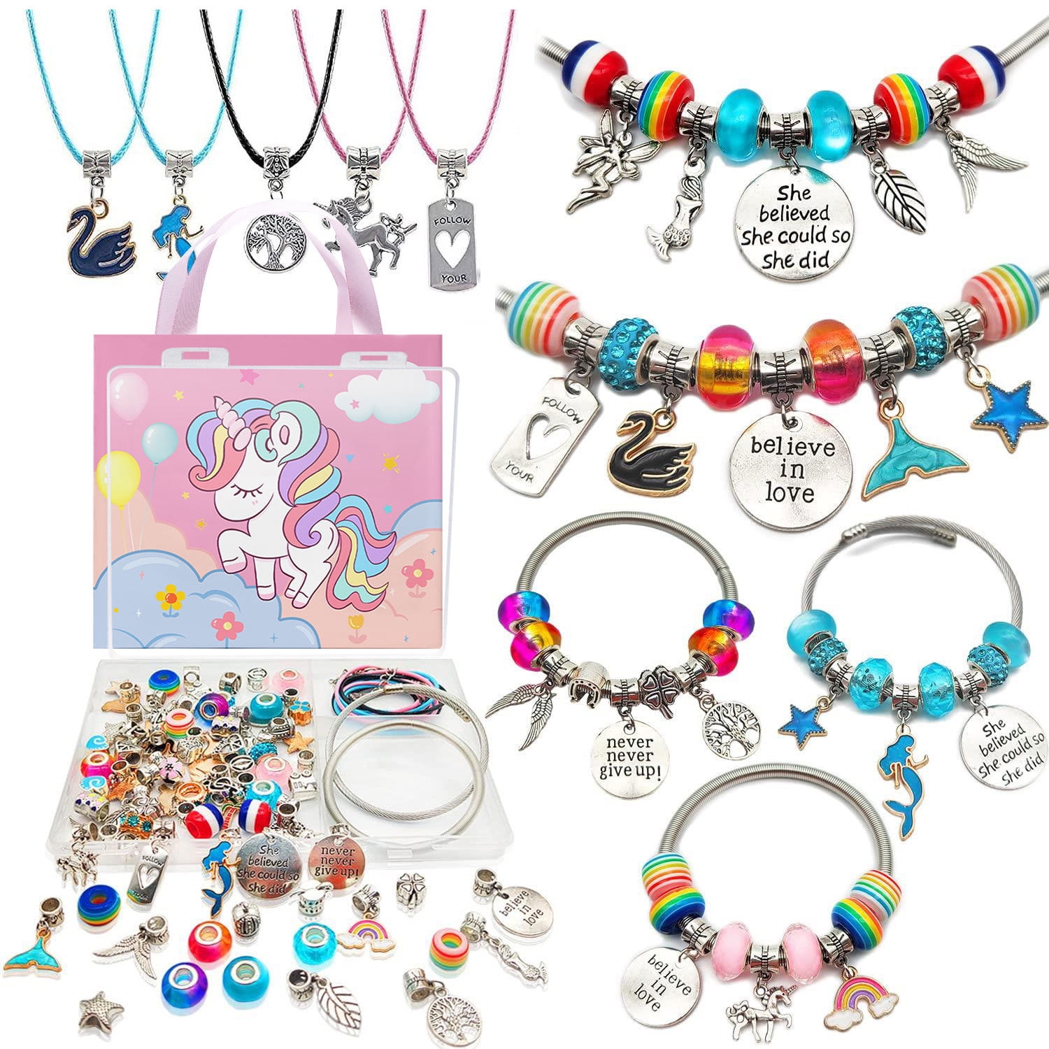  Jewelry Making Kit for Girls 8-12,Bracelet Making Kit,DIY Red  Beads Pendant Craft Supplies for Kids,Birthday Gifts for 5 6 7 8 9 10 11 12  Year Old Girl,Unicorns Mermaid Rainbow Gift for Teen…