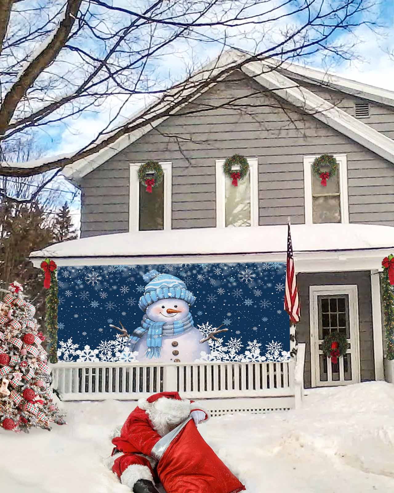 Garage Door Banner Cover 7 x 8 ft, Blue Christmas Snowman with Cap Xmas Tree Snowflake Christmas Garage Door Decorations Holiday Christmas Backdrop Decor for Winter New Year Xmas Party