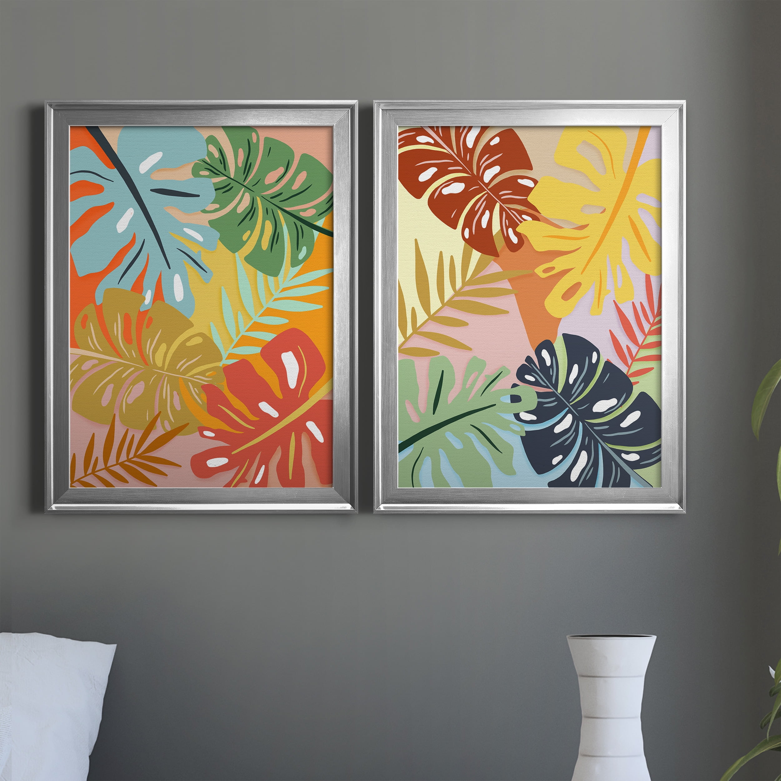 2 Piece Set Tropical Foliage I Premium Framed Canvas - Ready to Hang - 22.5 x 30.5 Each - Silver Frame