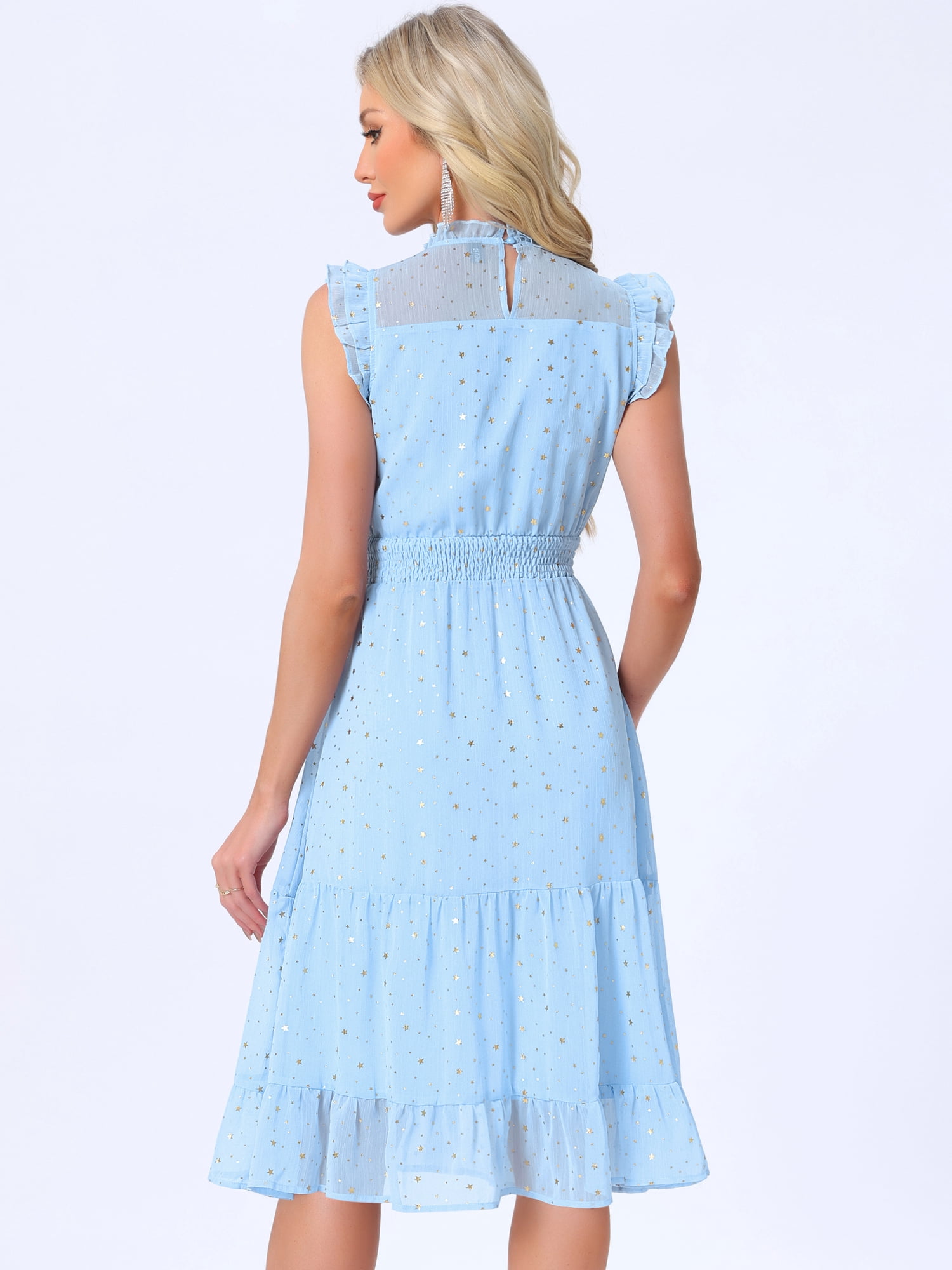 DARING DIVA Women's Gilding Metallic Stars Chiffon Jewel Neck Dresses S Light Blue