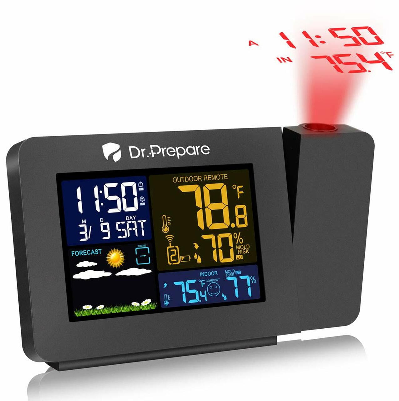 Dr. Prepare Projection Alarm Clock for Bedrooms with Indoor Outdoor  Temperature Display/Dimmer/Weather Forecast 
