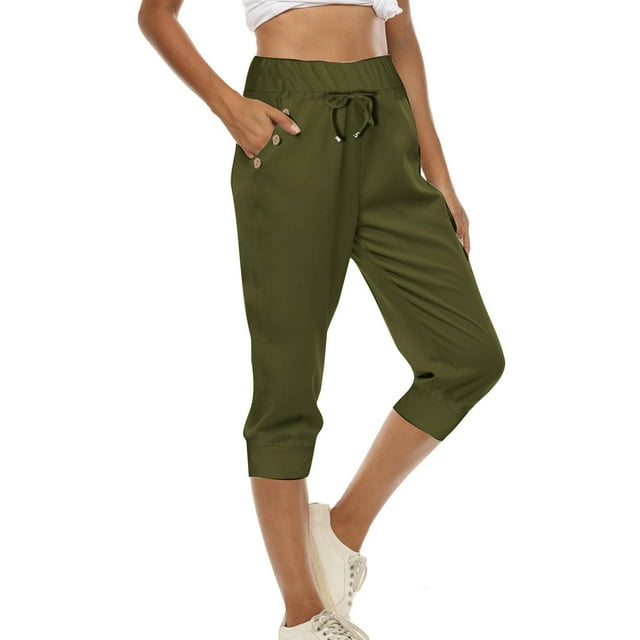 Jsaierl Women Capri Pants for Summer Drawstring High Wisted Casual Pants Plus Size Solid Color Workout Capris Loose Fit Buttons Trim with Pockets