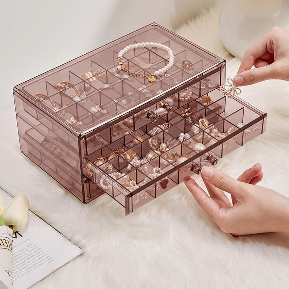 Boîte à Bijoux Transparente 3 Tiroirs – 72 Compartiments Pour Boucles D'Oreilles, Bagues, Organisateur Anti-Poussière