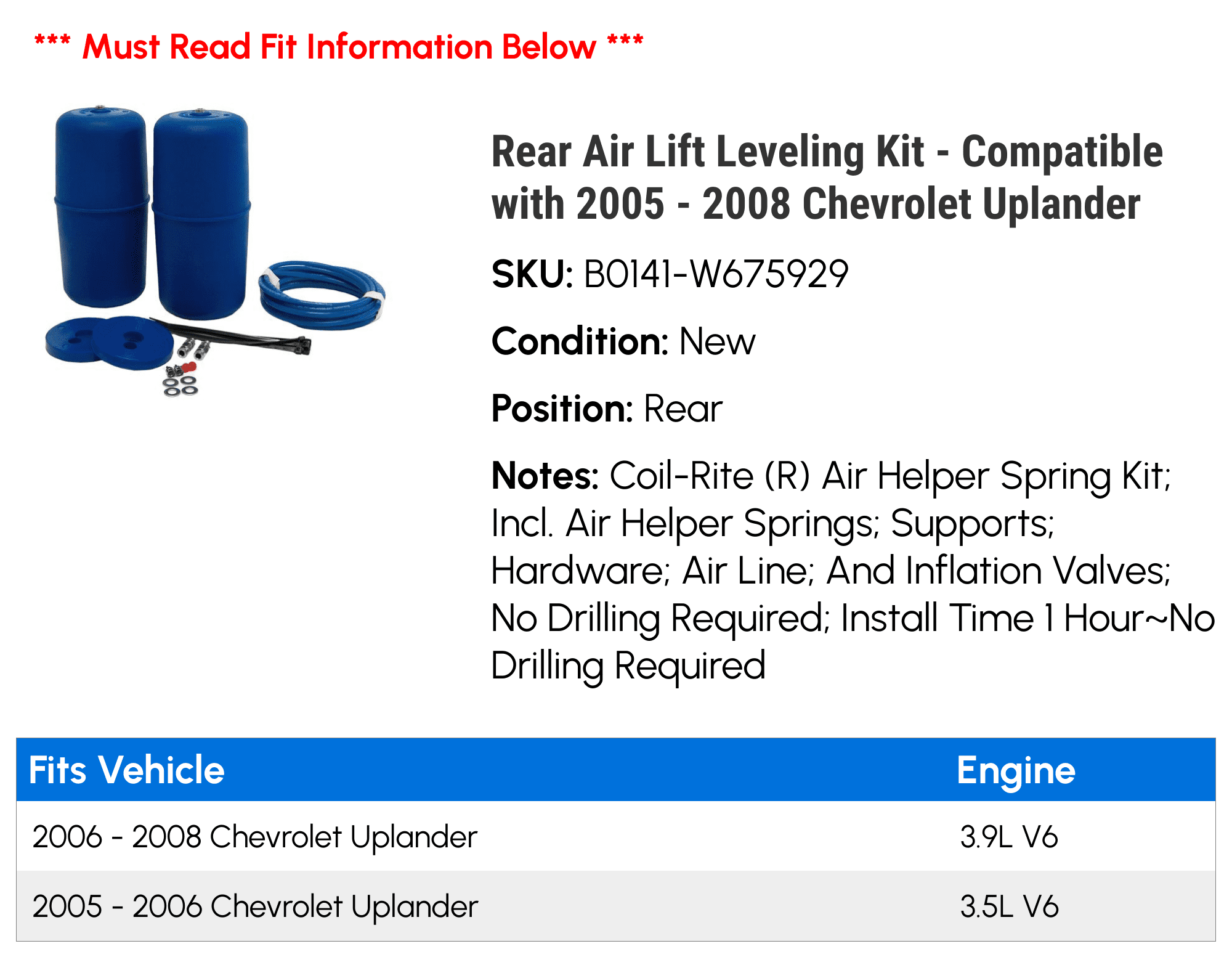 Rear Air Lift Leveling Kit - Compatible with 2005 - 2008 Chevy Uplander 2006 2007