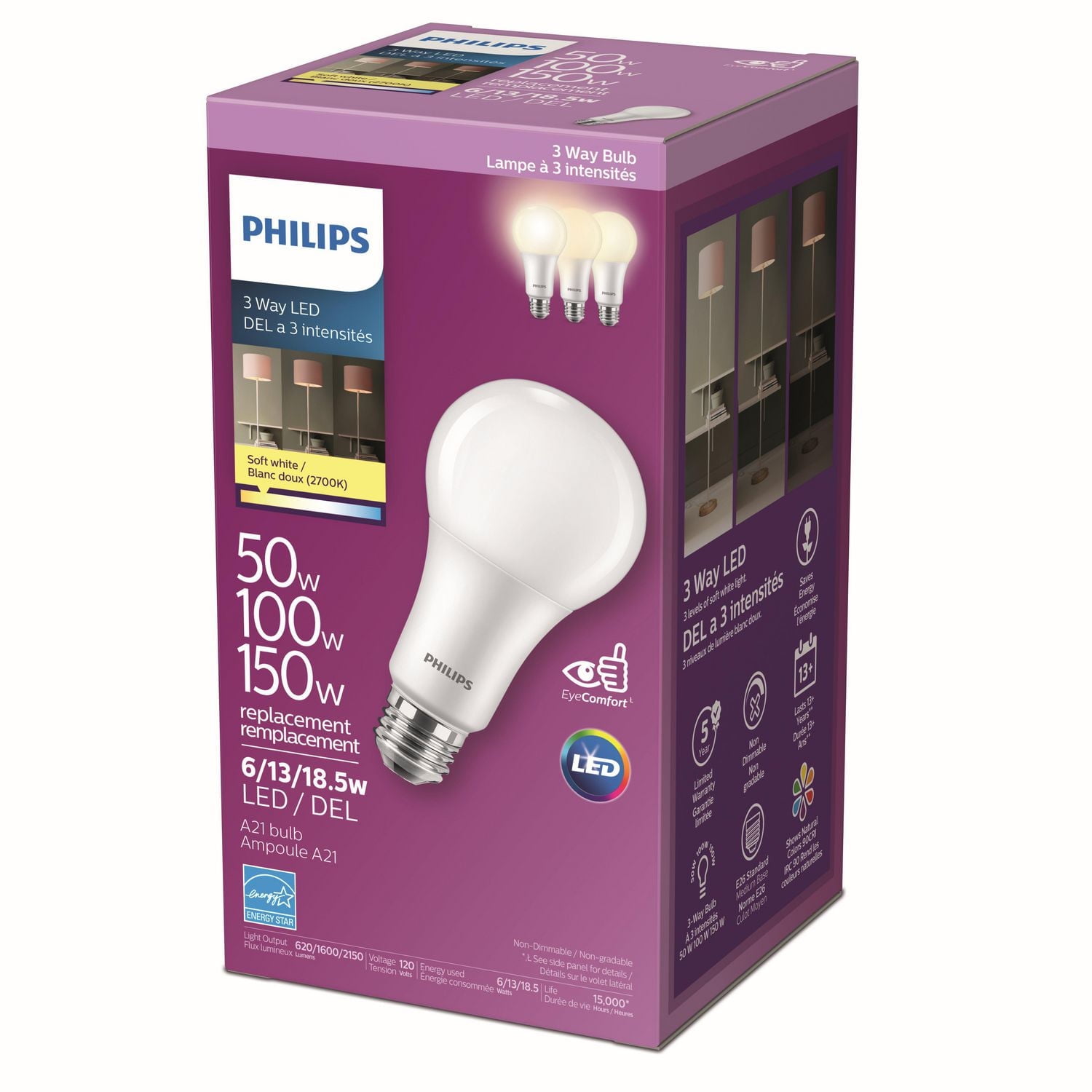 PHILIPS, 6/13/18.5W A21 ampoule DEL à 3 intensités (Blanc doux)