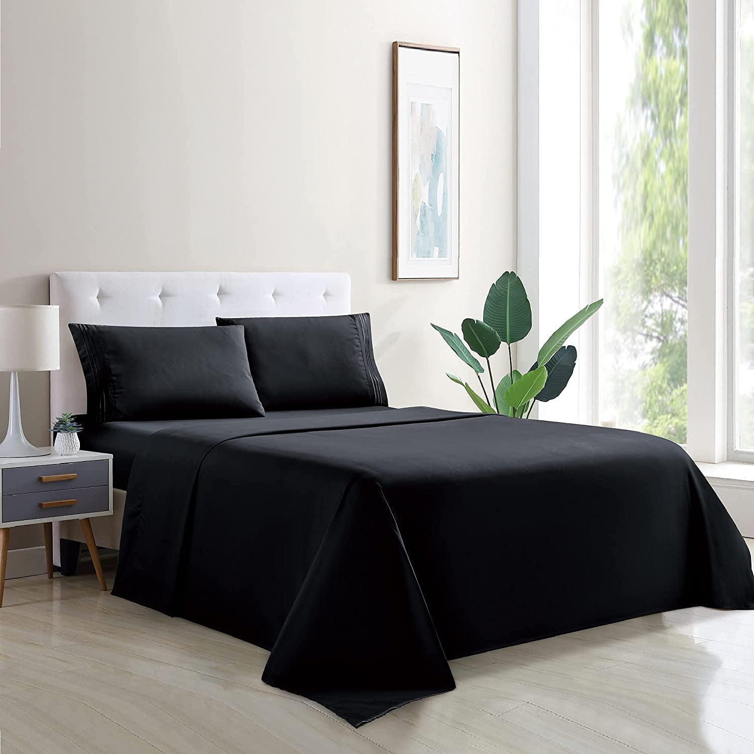 Full Double Size 4 Pcs Bed Sheets Set White 16 inches Deep Pocket Fitted Sheet and Pillowcases 1800 Thread Count Bedding Sheets Wrinkle Resistant Microfiber Super Soft Breathable 