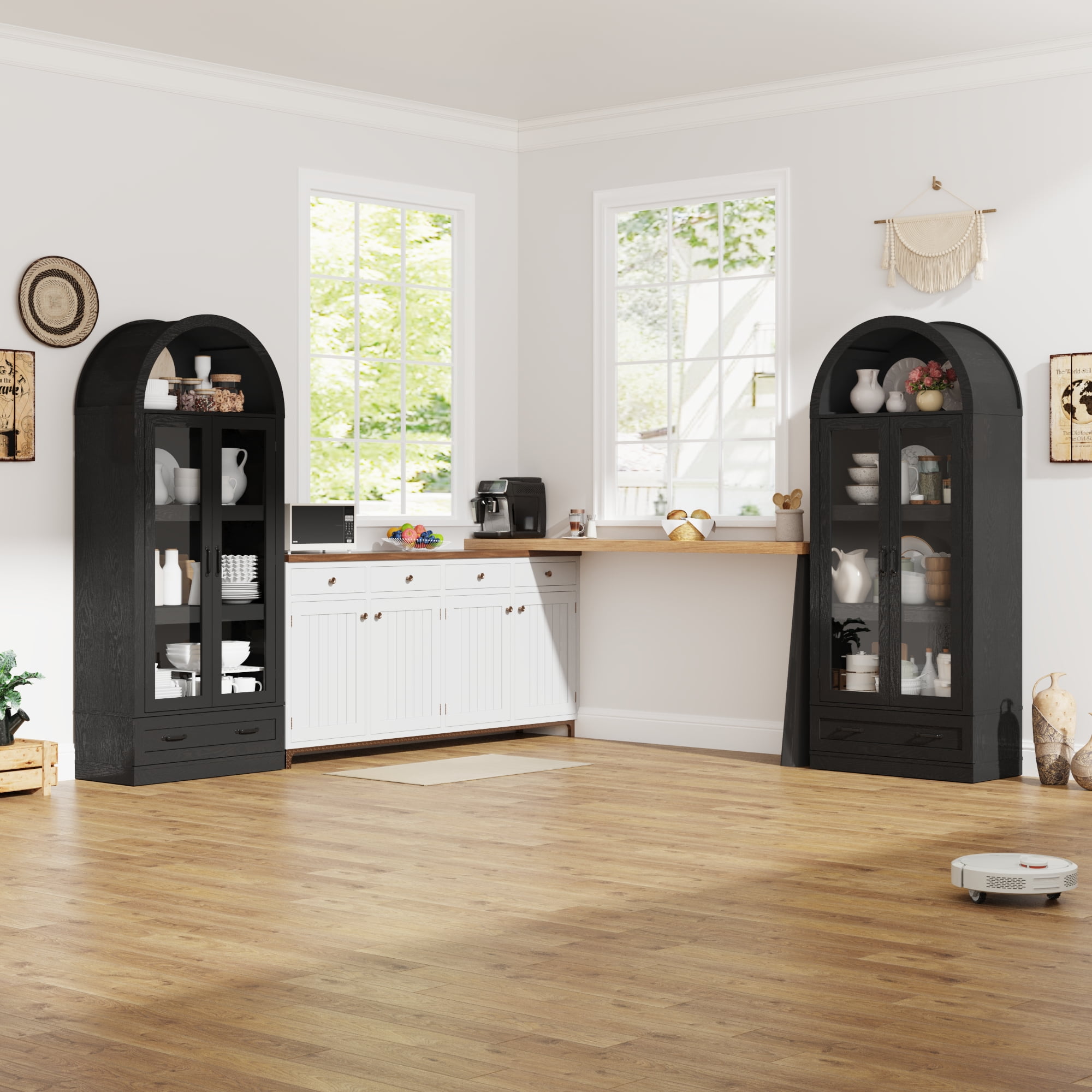 Blotout 75" Tall Arched Kitchen Pantry Storage Cabinet, Farmhouse Wood Pantry Arched Cabinet with Drawer, Glass Door and Load-Bearing Steel Pipe for Dining Room Living Room