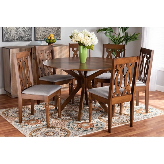 Baxton Studio Callie Modern and Contemporary Grey Fabric Upholstered and Walnut Brown Finished Wood 7-Piece Dining Set