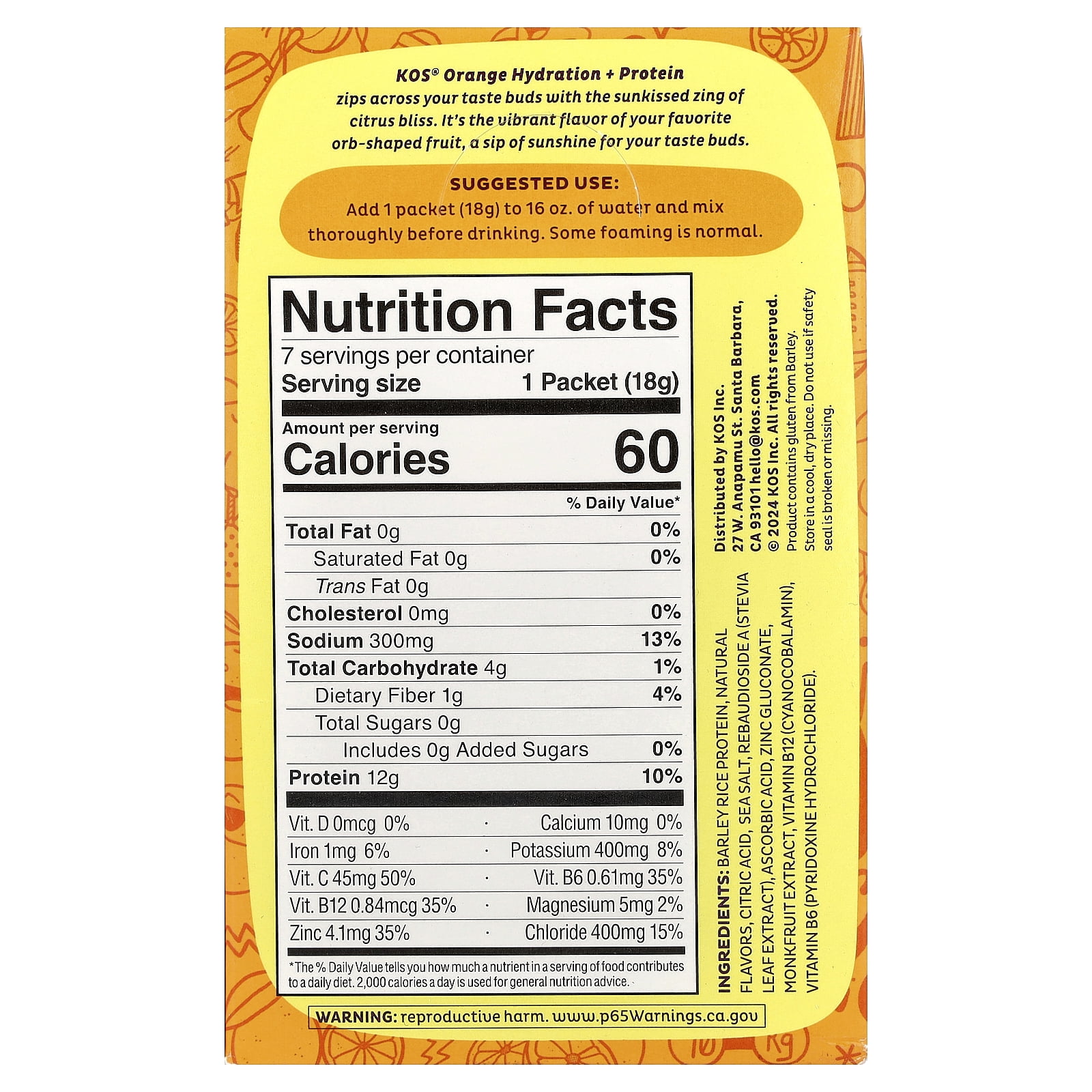 KOS Hydration + Protein, Refreshing Drink Mix, Orange , 7 Packets, 0.65 oz (18 g) Each