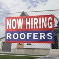 thumbnail image 2 of Now Hiring Roofers 13 oz Heavy Duty Vinyl Banner Roofing Jobs Available Help Wanted Sign for Business Advertising Indoor/Outdoor Single-Sided with Metal Grommets (4x8 ft, Re & Wh & Bl), 2 of 6
