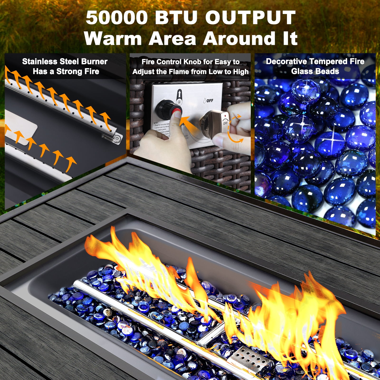 NOBLEMOOD 50000 BTU 48 inch Wicker Outdoor Propane Fire Pit Table with Dustproof Cover and Blue Glass Beads for Outside Backyard Garden