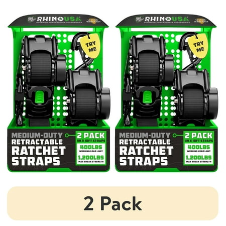 (2 pack) Rhino USA 1in x 10ft Black Retractable Ratchet Straps 2 Pack &ndash; 1209lbs Break Strength 403lbs Working Load Limit