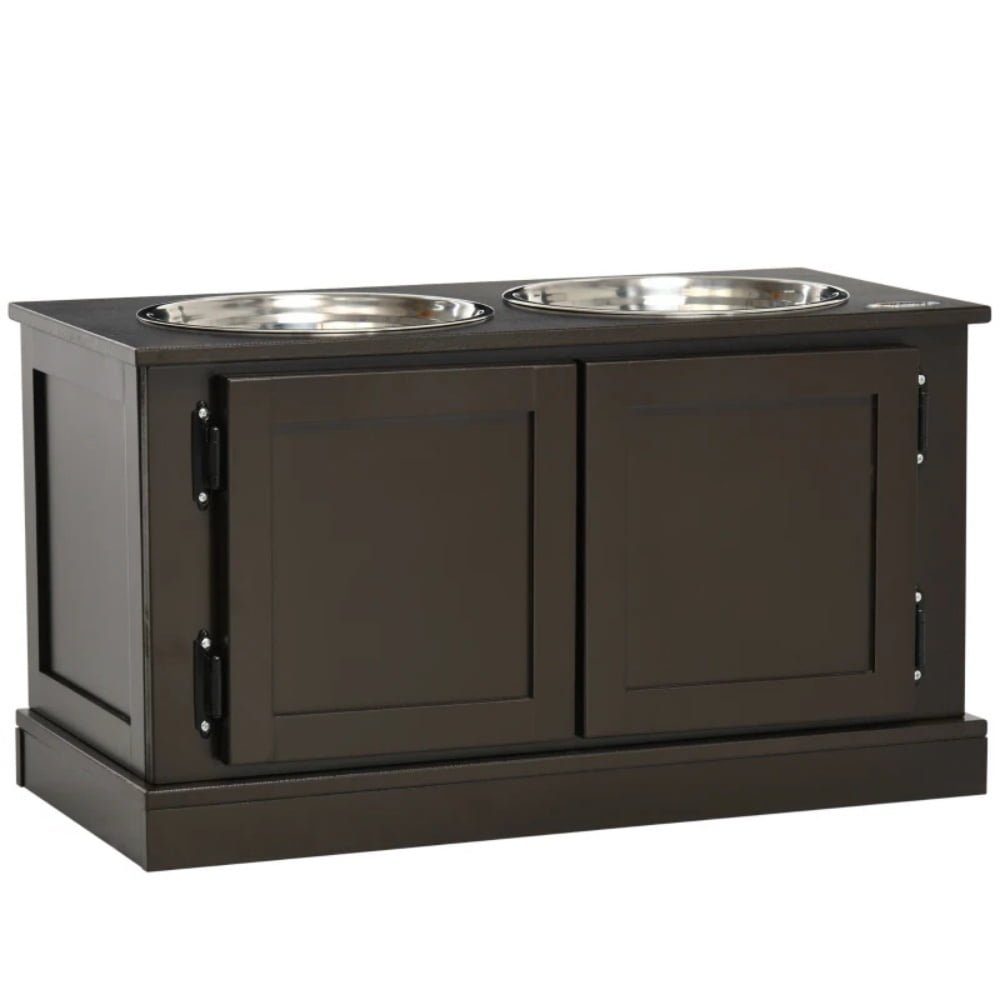 Elevated Dog Bowls with Storage Cabinet, Raised Pet Feeder Station with Removable Stainless Steel Bowls, Coffee MDF Feeding Stand for Large Dogs