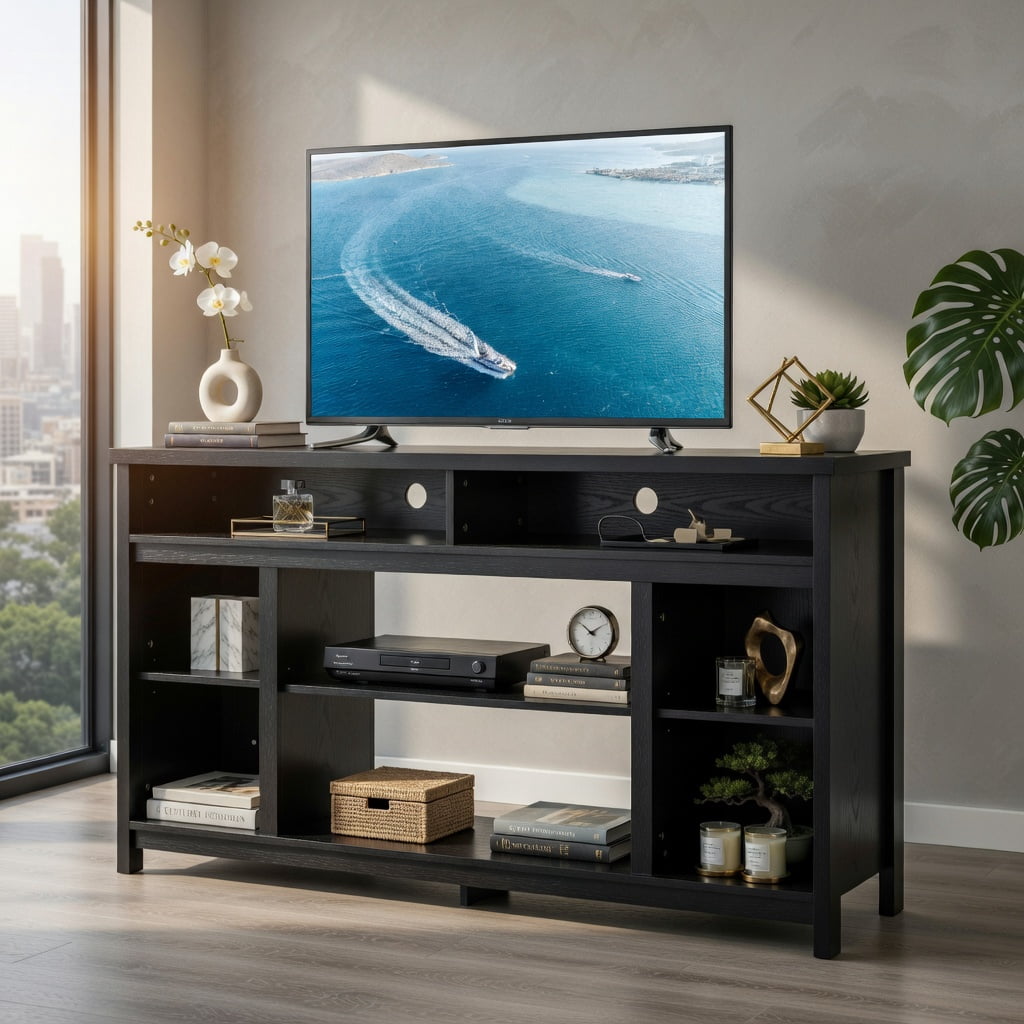 Demi Bonn TV Stand, TV Cabinet, 58 Inch TV Stand Entertainment Console Center with Adjustable Open Shelves, Media Entertainment Center with Storage, for Living Room, Bedroom, Black