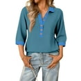 thumbnail image 2 of Polo Shirts for Women Button Deep V Neck 3/4 Length Sleeve Summer Tops Patchwork Casual Comfy Loose Fit Cute T Shirts, 2 of 5