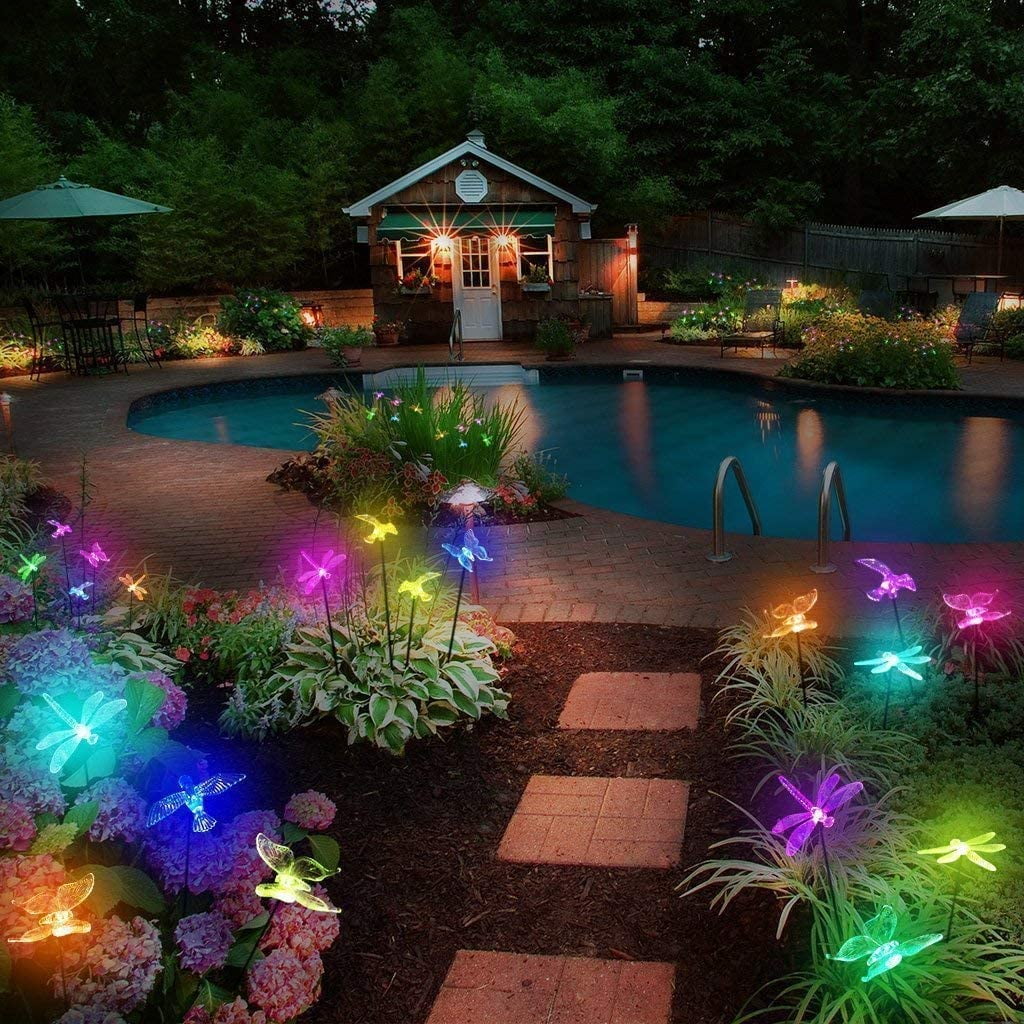 3 Pack Multicolor Changing Led Solar Garden Lights In Butterfly, Hummingbird,  Dragonfly Shapes For Party Decoration