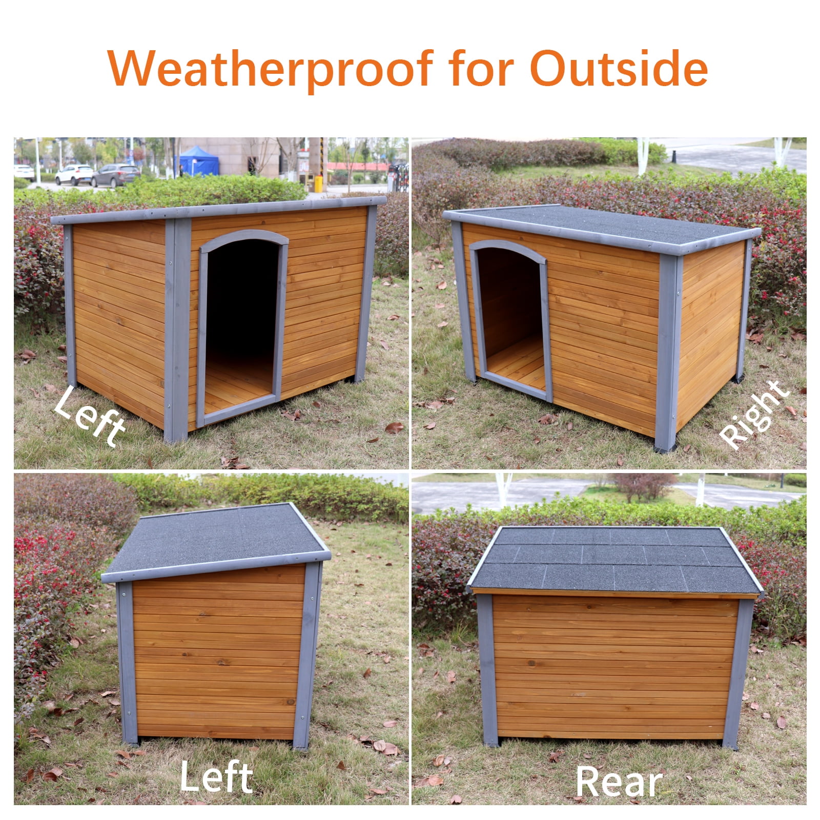 WRXELAN Indoor Outdoor Dog House, Anti-Chewing Iron Frame Dog Kennel, Wood Warm Pets Home, Weatherproof Outside Shelter for Feral Animal, 44.5"L x 31.9"W x 32.7"H, Brown