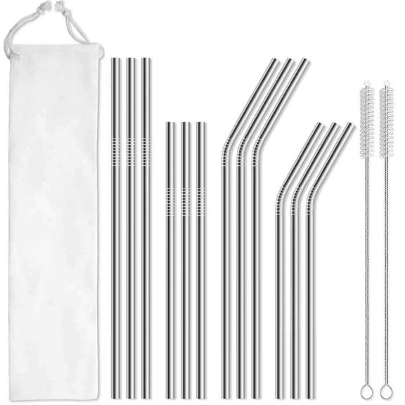 Tivamiko 12 pack Reusable Stainless Steel Straws with Case & 2 Brushes - Fits 30oz & 20oz Tumblers (Long & Short) - Dishwasher Safe, BPA-Free, Silver
