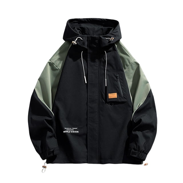 Dvprdro Fall Winter Jackets Men's Casual Solid Color Block Hooded Plus Size Zip Up Jacket Long Sleeve Letter Print Outerwear