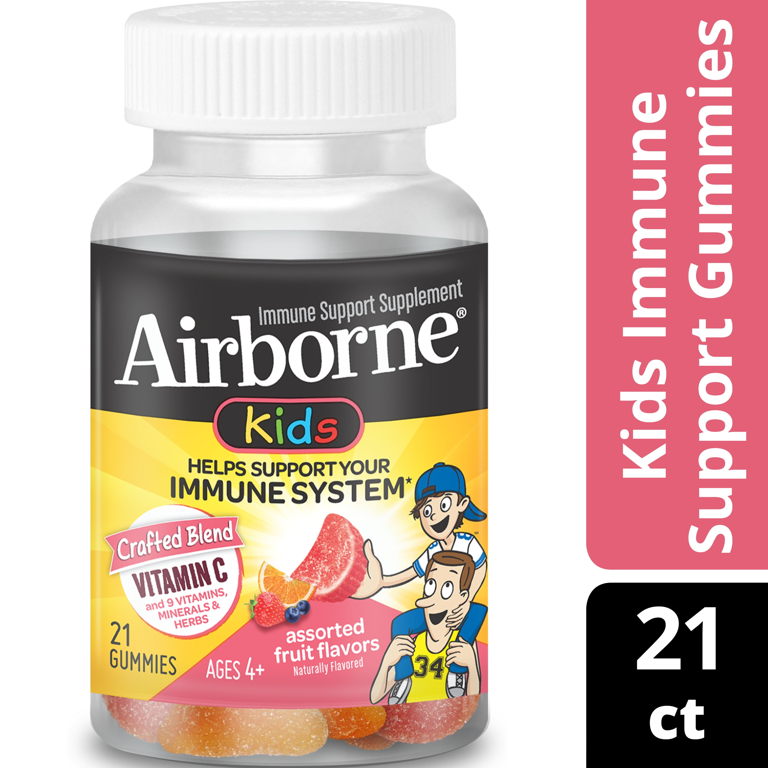 Airborne Kids Assorted Fruit Flavored Gummies, 21 count - 500mg of Vitamin C and Minerals & Herbs Immune Support (Packaging May Vary)