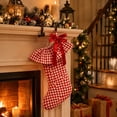 thumbnail image 5 of Plaid Ruffle Christmas Stockings, Vintage Checkered Stocking with Velvet Bow for Fireplace Mantel Decor, Holiday Gift Socks Set for Home, 18in, 5 of 7