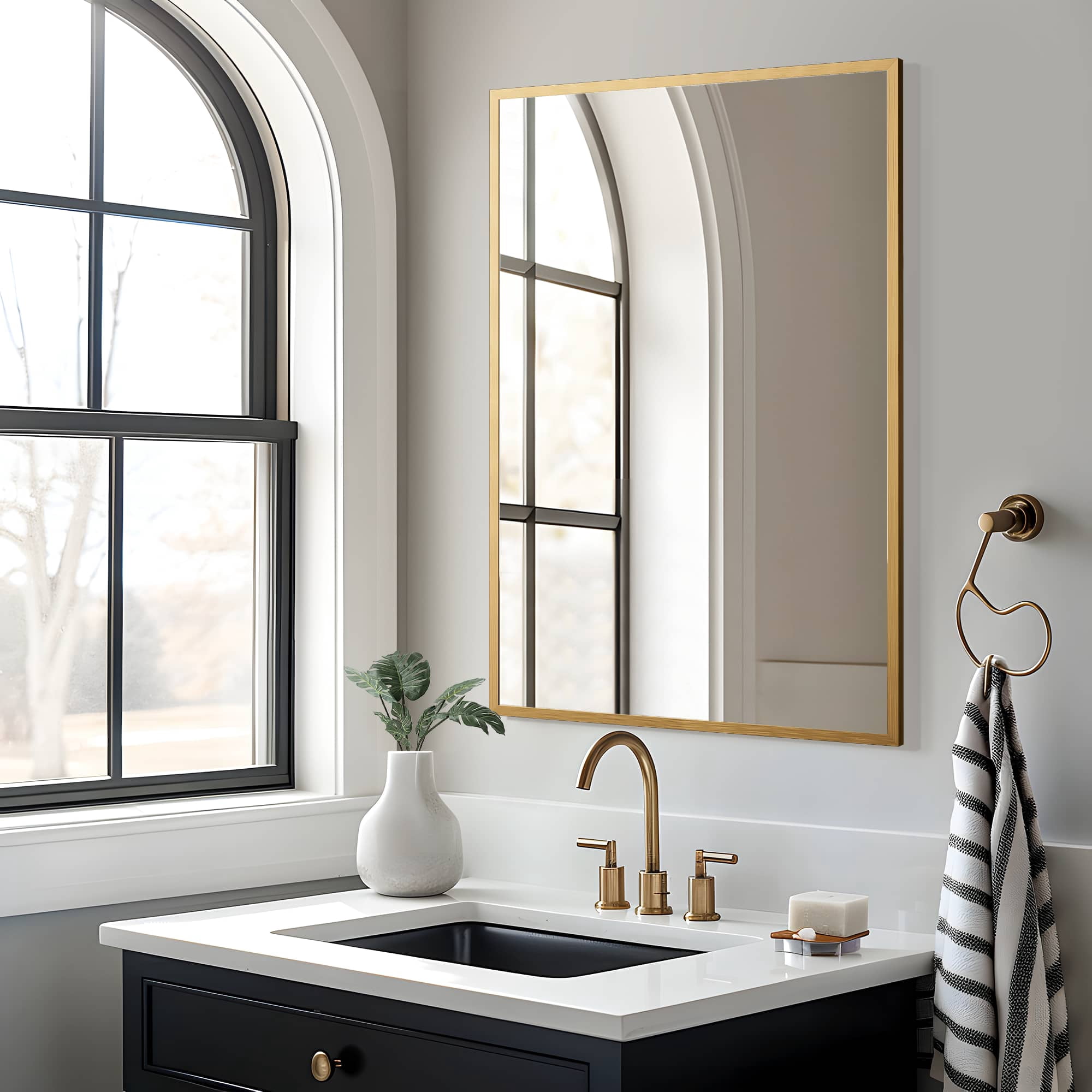 MAYEERTY 36"x24" Aluminum Alloy Rectangular Hanging Mirror, Mid-Century Bathroom Mirror, Gold