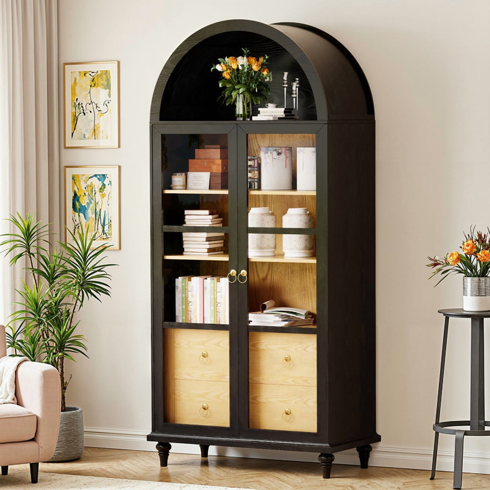 Lacoo 71'' Tall Arched Pantry Storage Cabinet with 2 Large Drawers & 3 Shelves, Display Cabinet with Glass Door for Kitchen Dining Room Living Room, Black