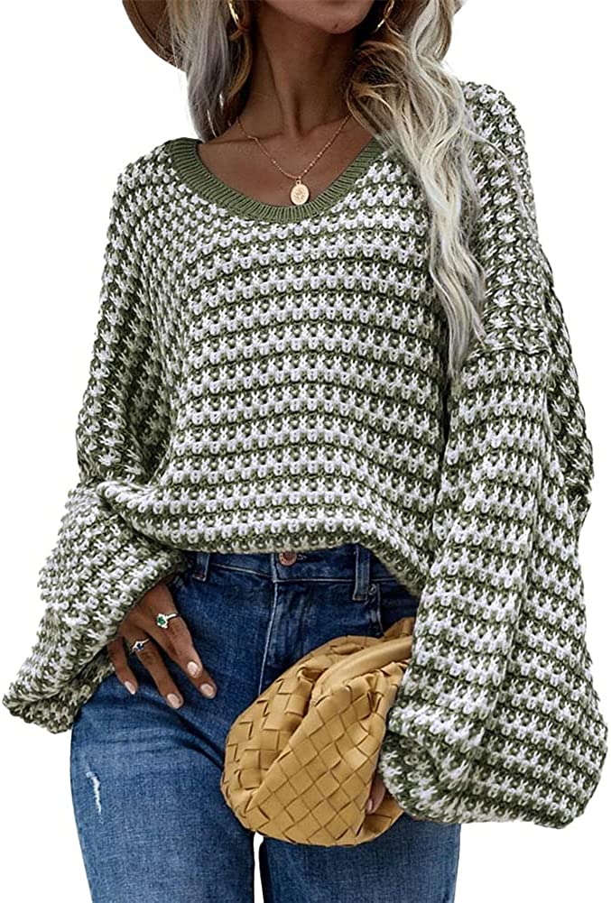 PIKADINGNIS Women Knit Pullover Sweater Long Sleeve Round Neck Loose