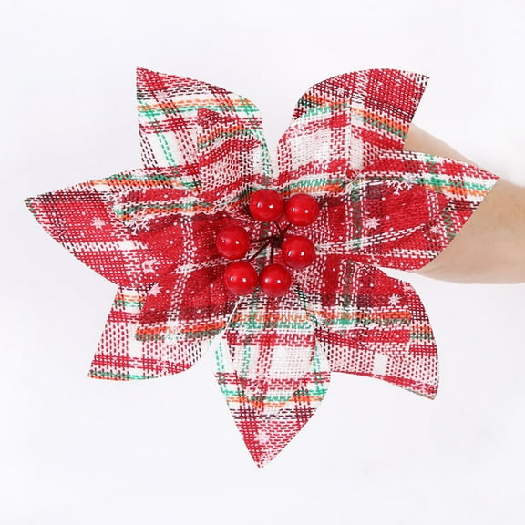 Namzi 6 Pieces Buffalo Plaid Poinsettias Christmas Tree Ornaments, 6.6 Inch Wide Artificial Christmas Flowers Poinsettia with Glitter Powder for Christmas Tree Wedding Party Decoration,Red White