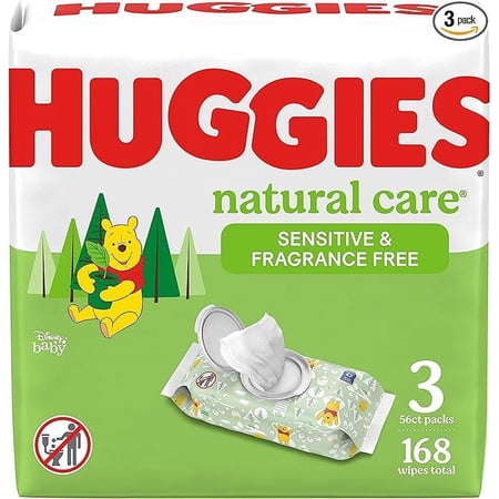 Huggies Natural Care Sensitive Baby Wipes, Unscented, 3 Flip-Top Packs, Wipes, 168 Count, 2 Pack